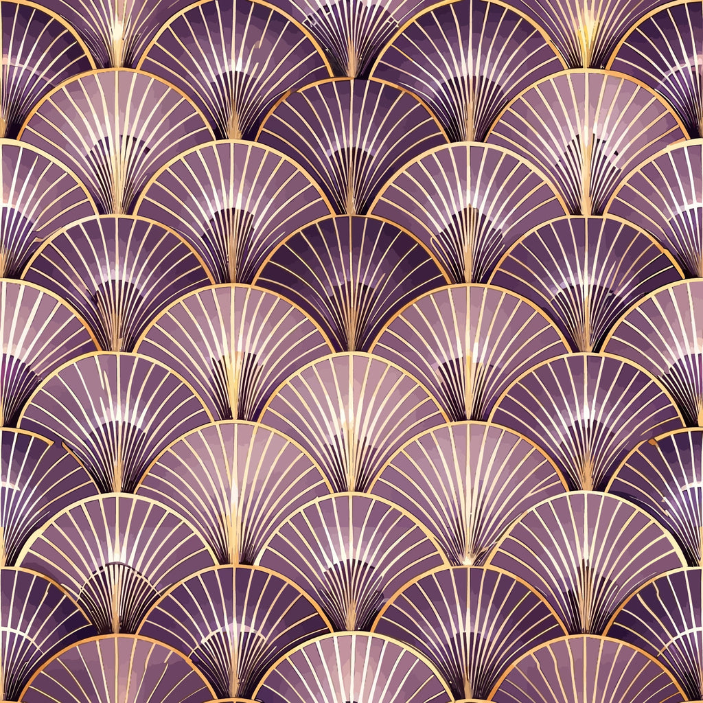 purple, gold, lavender, plum, fan pattern, art deco, geometric design, scallop motif, repeating pattern, radiating lines, vintage style, elegant, luxurious,, fabric panel, shell design, peacock feather motif, gradient shading, sophisticated, ornamental