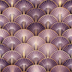 purple, gold, lavender, plum, fan pattern, art deco, geometric design, scallop motif, repeating pattern, radiating lines, vintage style, elegant, luxurious,, fabric panel, shell design, peacock feather motif, gradient shading, sophisticated, ornamental