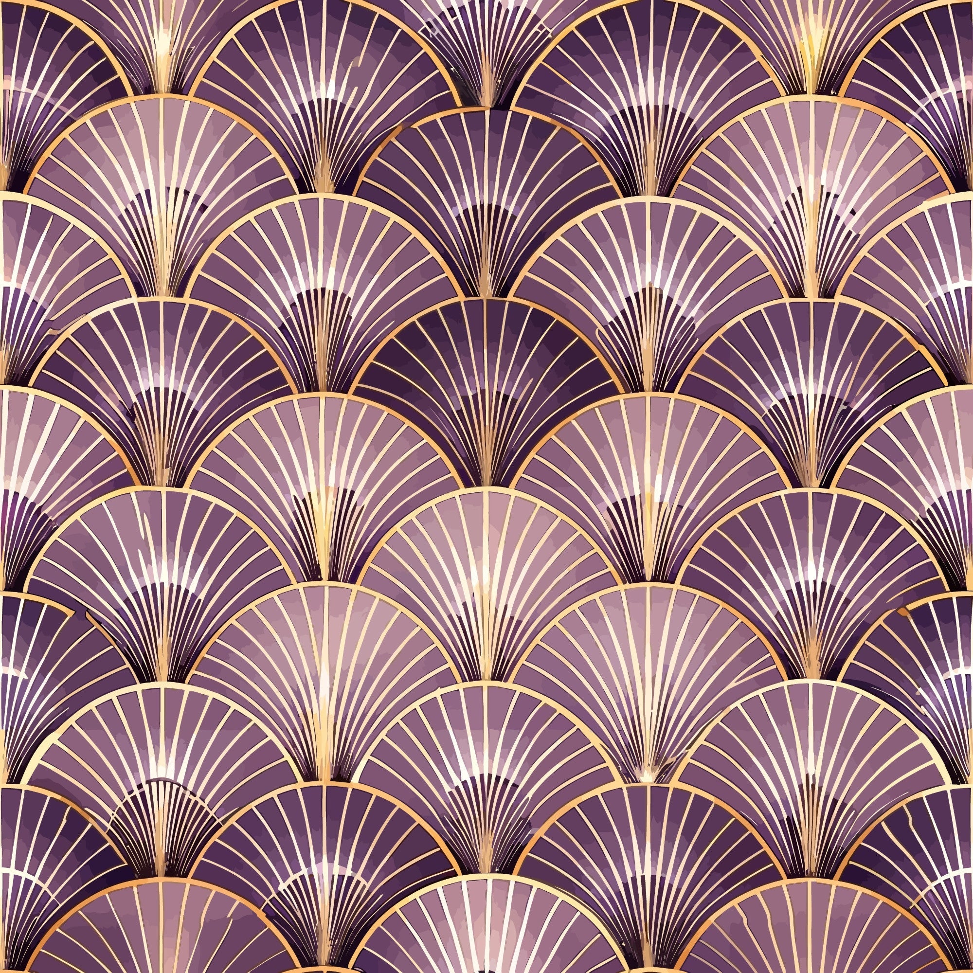 purple, gold, lavender, plum, fan pattern, art deco, geometric design, scallop motif, repeating pattern, radiating lines, vintage style, elegant, luxurious,, fabric panel, shell design, peacock feather motif, gradient shading, sophisticated, ornamental