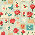 vintage stamps, red roses, teal birds, hummingbirds, postal theme, mint green, coral red, cream background, floral motifs, flying birds,, fabric panel, romantic pattern, postage stamps, botanical design, retro style, love theme, wedding fabric, crafting material, nostalgic design