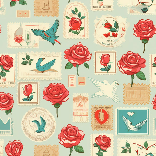 vintage stamps, red roses, teal birds, hummingbirds, postal theme, mint green, coral red, cream background, floral motifs, flying birds,, fabric panel, romantic pattern, postage stamps, botanical design, retro style, love theme, wedding fabric, crafting material, nostalgic design