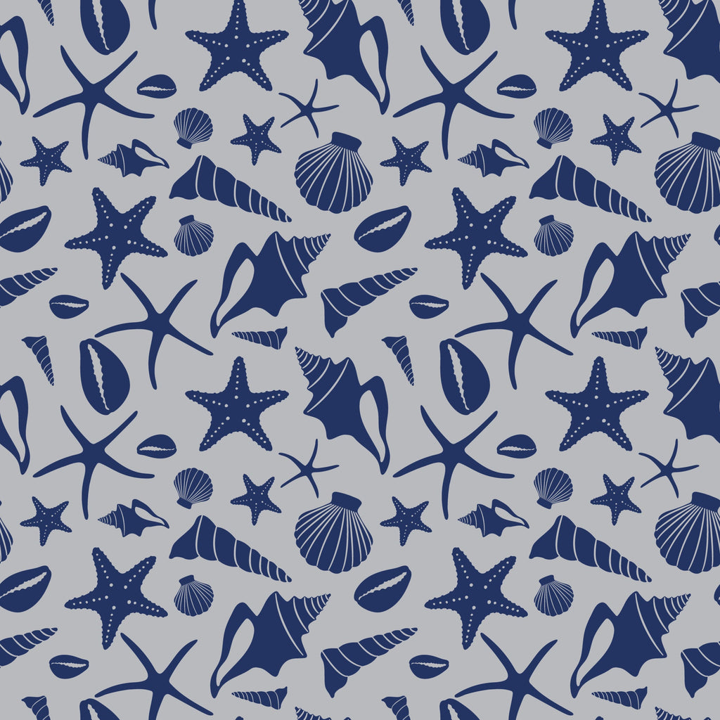 navy blue, light gray, sea shells, starfish, conch shells, scallop shells, marine life, ocean themed, nautical pattern, repeating design, boho style, coastal decor, beach motif,, fabric panel, seamless pattern, underwater creatures, shell collection, maritime design, bohemian aesthetic