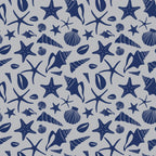navy blue, light gray, sea shells, starfish, conch shells, scallop shells, marine life, ocean themed, nautical pattern, repeating design, boho style, coastal decor, beach motif,, fabric panel, seamless pattern, underwater creatures, shell collection, maritime design, bohemian aesthetic