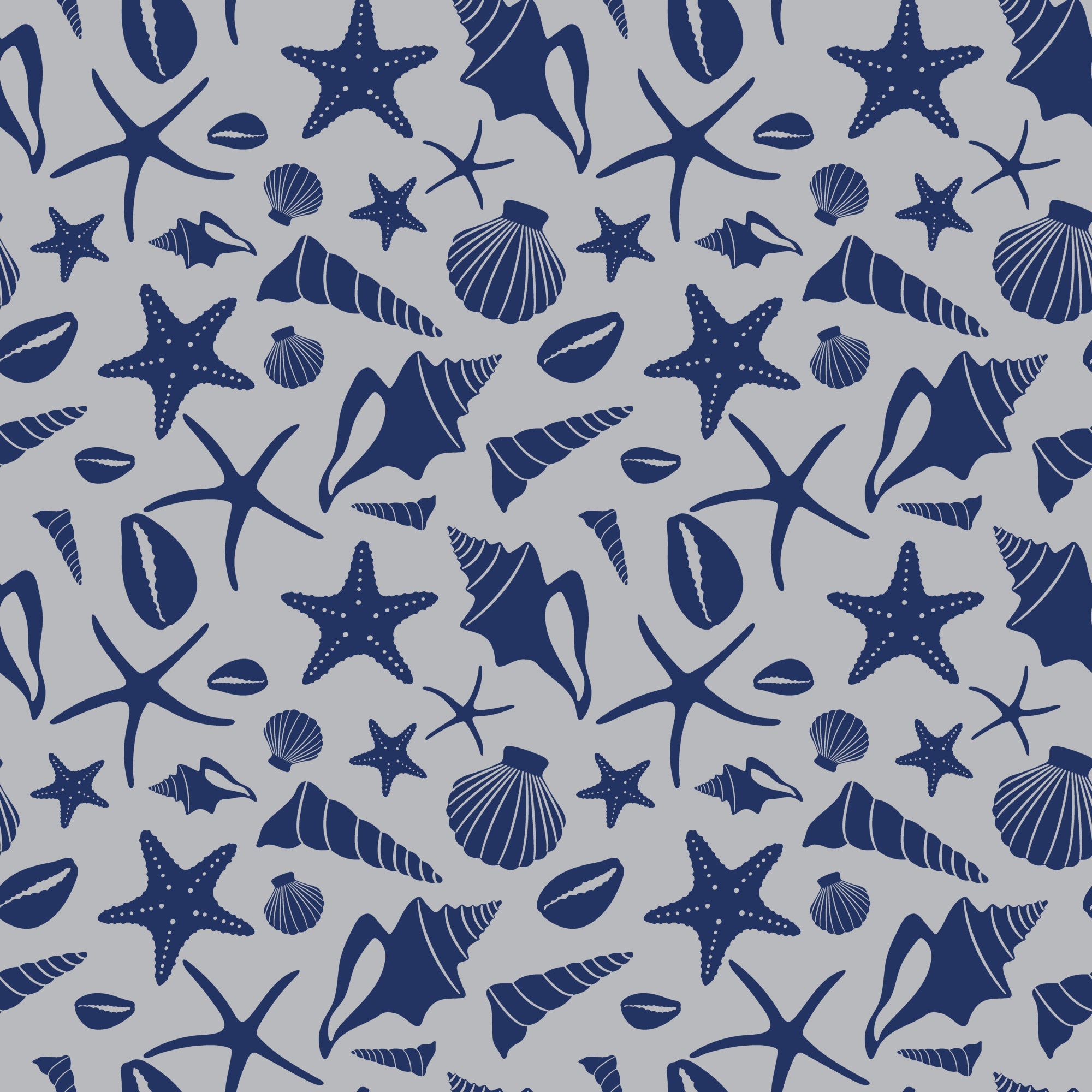 navy blue, light gray, sea shells, starfish, conch shells, scallop shells, marine life, ocean themed, nautical pattern, repeating design, boho style, coastal decor, beach motif,, fabric panel, seamless pattern, underwater creatures, shell collection, maritime design, bohemian aesthetic