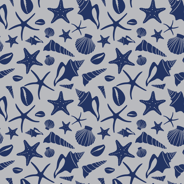 navy blue, light gray, sea shells, starfish, conch shells, scallop shells, marine life, ocean themed, nautical pattern, repeating design, boho style, coastal decor, beach motif,, fabric panel, seamless pattern, underwater creatures, shell collection, maritime design, bohemian aesthetic