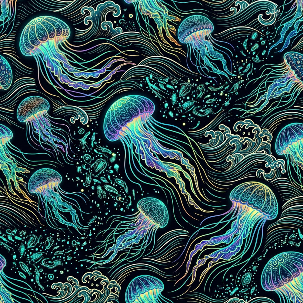 neon jellyfish, bioluminescent, ocean creatures, sea life, nautical, aquatic, cyan, turquoise, electric blue, purple, magenta, lime green, gold accents, neon glow, glowing effect, psychedelic, whimsical, fantasy, surreal, bohemian, modern, contemporary, abstract waves, swirling patterns, ornate details, underwater theme, marine life, vibrant colors, dark background, kids room