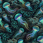 neon jellyfish, bioluminescent, ocean creatures, sea life, nautical, aquatic, cyan, turquoise, electric blue, purple, magenta, lime green, gold accents, neon glow, glowing effect, psychedelic, whimsical, fantasy, surreal, bohemian, modern, contemporary, abstract waves, swirling patterns, ornate details, underwater theme, marine life, vibrant colors, dark background, kids room