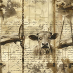 sepia tones, beige, cream, brown, vintage aesthetic, farm animals, cow portrait, rope details, cursive script, aged paper texture, rustic charm, country living, barnyard scene,, fabric panel, distressed finish, pastoral theme, livestock imagery, antique style, weathered appearance
