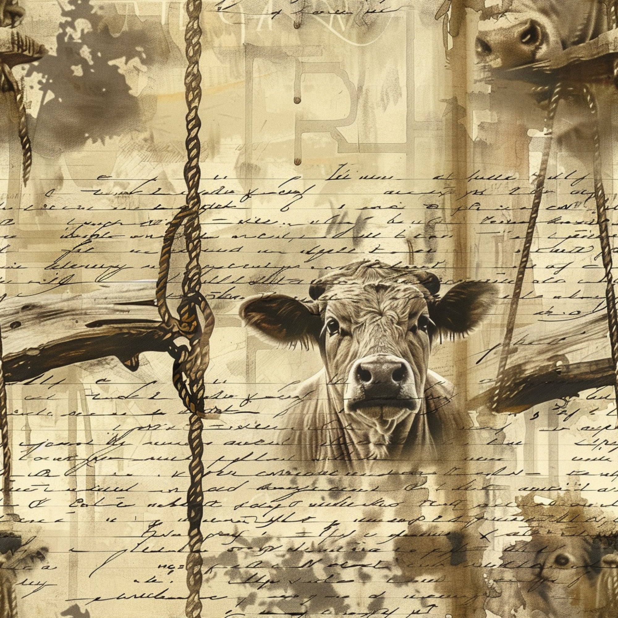 sepia tones, beige, cream, brown, vintage aesthetic, farm animals, cow portrait, rope details, cursive script, aged paper texture, rustic charm, country living, barnyard scene,, fabric panel, distressed finish, pastoral theme, livestock imagery, antique style, weathered appearance