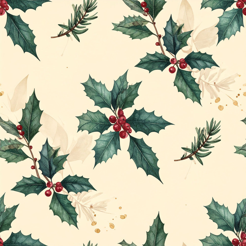 christmas holly, festive greenery, red berries, cream background, forest green leaves, holiday botanical, winter florals, evergreen branches, traditional christmas, elegant holiday, vintage botanical, nature-inspired, seasonal decor, christmas bedding, holiday nursery, winter wonderland, spiky leaves, berry clusters, gold accents, cream and green, festive nature, holiday botanical print, traditional christmas decor, winter greenery, holiday baby, christmas nursery, rustic holiday, classic christmas