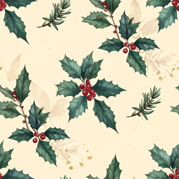 christmas holly, festive greenery, red berries, cream background, forest green leaves, holiday botanical, winter florals, evergreen branches, traditional christmas, elegant holiday, vintage botanical, nature-inspired, seasonal decor, christmas bedding, holiday nursery, winter wonderland, spiky leaves, berry clusters, gold accents, cream and green, festive nature, holiday botanical print, traditional christmas decor, winter greenery, holiday baby, christmas nursery, rustic holiday, classic christmas