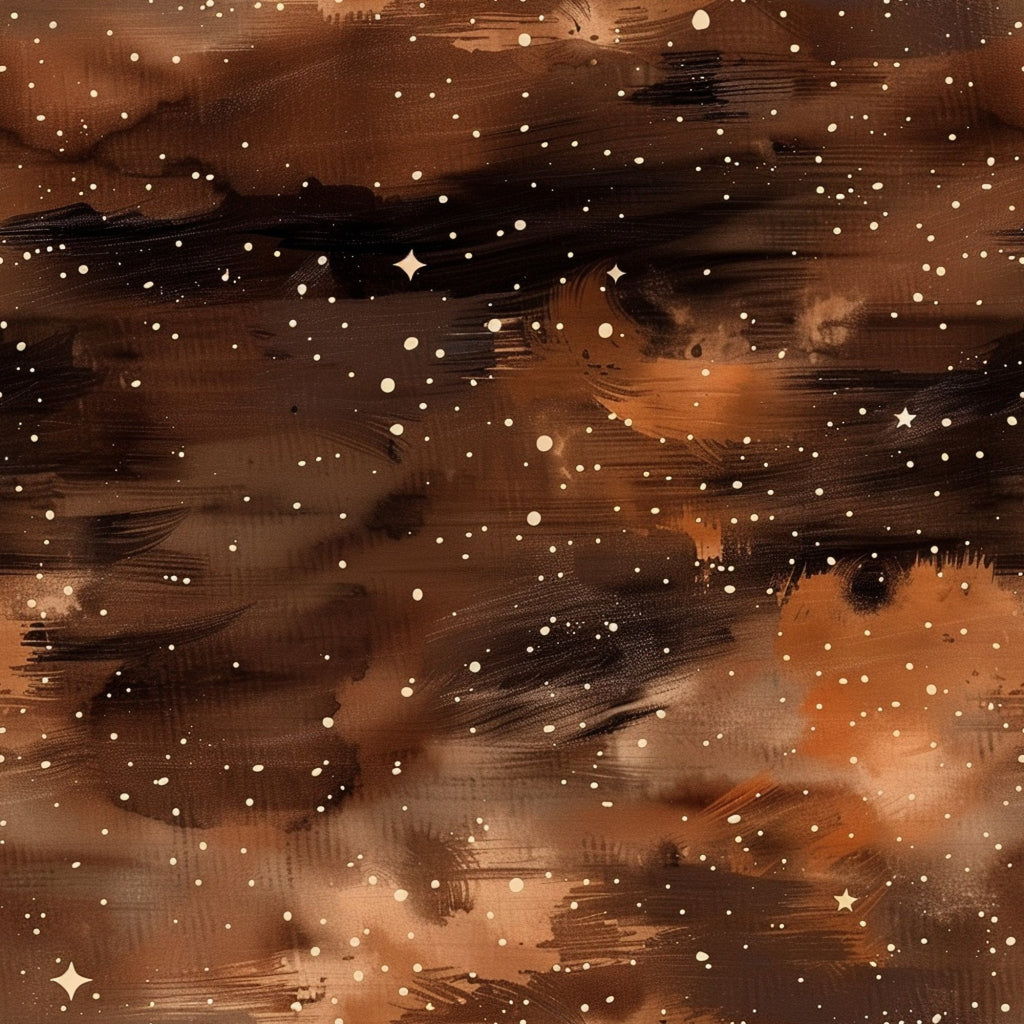 brown, burnt orange, rust, amber, galaxy pattern, celestial design, stars, cosmic clouds, nebula, painted effect, watercolor style, space theme, astronomy, night sky,, fabric panel, swirling clouds, stellar field, warm earth tones, abstract cosmic