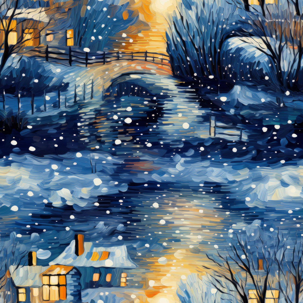 winter scene, snowy landscape, dawn sky, golden orange, deep blue, navy blue, white snowflakes, bare trees, wooden fence, cottage houses, glowing windows, impressionist style, swirling brushstrokes,, fabric panel, serene mood, peaceful village, winter storm, artistic painting, textile art