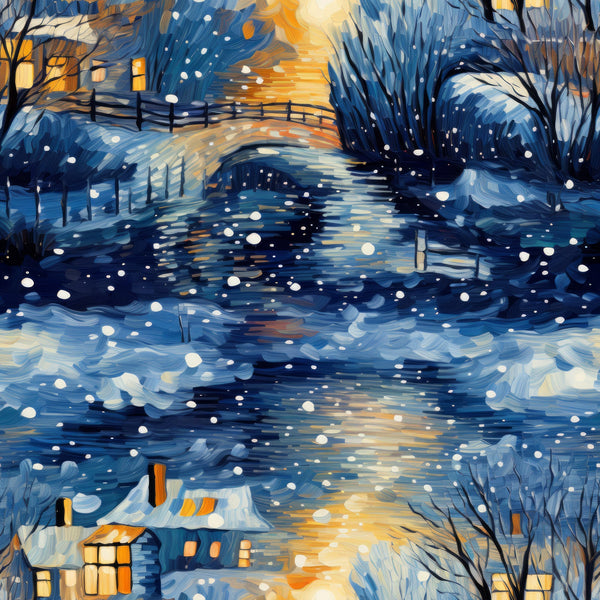 winter scene, snowy landscape, dawn sky, golden orange, deep blue, navy blue, white snowflakes, bare trees, wooden fence, cottage houses, glowing windows, impressionist style, swirling brushstrokes,, fabric panel, serene mood, peaceful village, winter storm, artistic painting, textile art