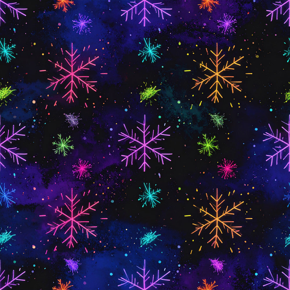 neon snowflakes, glow in the dark, bright neon colors, hot pink, cyan blue, electric purple, lime green, golden yellow, dark navy background, neon geometric, winter theme, holiday pattern, celestial style, modern design, vibrant colors, sparkly effect, luminous snowflakes, festive pattern, icy theme, cool tones, playroom decor, kids room fabric, whimsical style, contemporary pattern, radiant design, multi-colored, winter wonderland, neon aesthetic, glowing effect