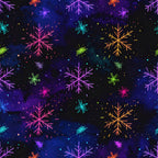 neon snowflakes, glow in the dark, bright neon colors, hot pink, cyan blue, electric purple, lime green, golden yellow, dark navy background, neon geometric, winter theme, holiday pattern, celestial style, modern design, vibrant colors, sparkly effect, luminous snowflakes, festive pattern, icy theme, cool tones, playroom decor, kids room fabric, whimsical style, contemporary pattern, radiant design, multi-colored, winter wonderland, neon aesthetic, glowing effect