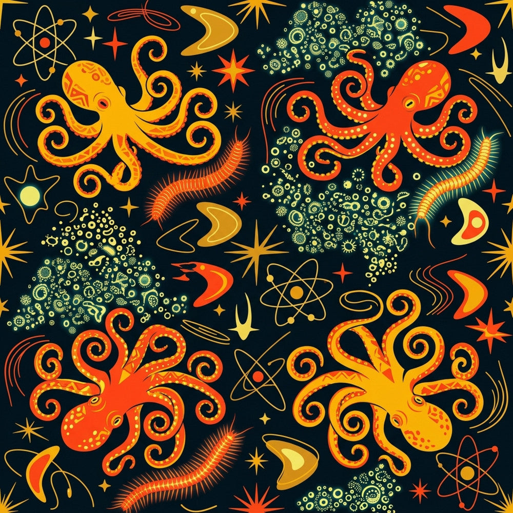 dark navy background, golden yellow, bright orange, red-orange, coral, vibrant colors, octopus, sea creatures, marine animals, steampunk, gears, scientific, atoms, molecules, celestial, stars, space, whimsical, playful, bold, modern, retro, vintage sci-fi, fantasy, adventure, kids room, playroom, nursery, stem, science themed