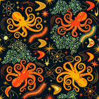 dark navy background, golden yellow, bright orange, red-orange, coral, vibrant colors, octopus, sea creatures, marine animals, steampunk, gears, scientific, atoms, molecules, celestial, stars, space, whimsical, playful, bold, modern, retro, vintage sci-fi, fantasy, adventure, kids room, playroom, nursery, stem, science themed