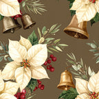 cream poinsettia, white poinsettia, gold bells, bronze bells, red berries, evergreen branches, pine needles, holiday floral, christmas, festive, vintage christmas, traditional, elegant, rustic, botanical, nature, taupe background, warm tones, metallic accents, seasonal, winter, festive decor, holiday themed, classic christmas, timeless, sophisticated, botanical illustration, natural elements