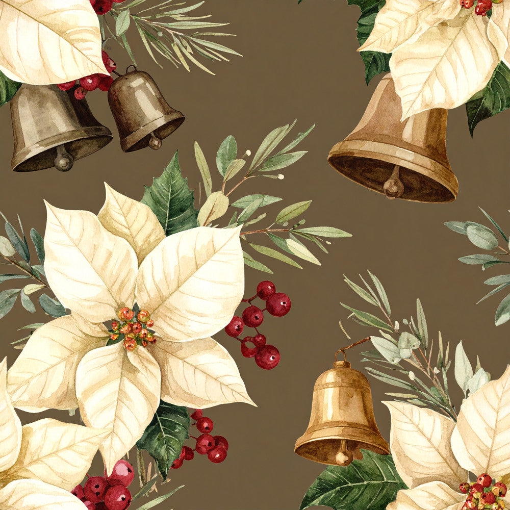 cream poinsettia, white poinsettia, gold bells, bronze bells, red berries, evergreen branches, pine needles, holiday floral, christmas, festive, vintage christmas, traditional, elegant, rustic, botanical, nature, taupe background, warm tones, metallic accents, seasonal, winter, festive decor, holiday themed, classic christmas, timeless, sophisticated, botanical illustration, natural elements