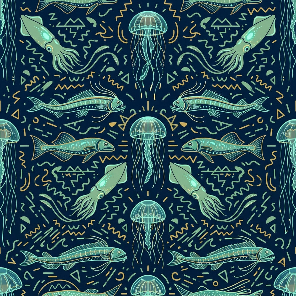 navy blue, teal green, seafoam green, gold yellow, ocean blue, deep sea, aquatic, nautical, marine life, jellyfish, squid, fish, ocean creatures, underwater, whimsical, modern, playful, celestial, geometric shapes, abstract patterns, wavy lines, dots, nature-inspired, coastal, summer, kids room, nursery, playroom, ocean theme, sea life