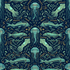 navy blue, teal green, seafoam green, gold yellow, ocean blue, deep sea, aquatic, nautical, marine life, jellyfish, squid, fish, ocean creatures, underwater, whimsical, modern, playful, celestial, geometric shapes, abstract patterns, wavy lines, dots, nature-inspired, coastal, summer, kids room, nursery, playroom, ocean theme, sea life