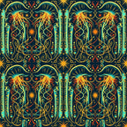 navy blue, gold, yellow, teal, turquoise, coral, red, celestial, cosmic, mystical, bohemian, ornate, decorative, symmetrical, geometric, paisley, stars, sun, mandala, whimsical, fantasy, magical, spiritual, psychedelic, art deco, ornamental, boho, meditation, nighttime, astrology