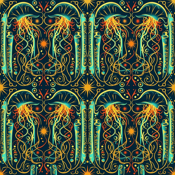 navy blue, gold, yellow, teal, turquoise, coral, red, celestial, cosmic, mystical, bohemian, ornate, decorative, symmetrical, geometric, paisley, stars, sun, mandala, whimsical, fantasy, magical, spiritual, psychedelic, art deco, ornamental, boho, meditation, nighttime, astrology