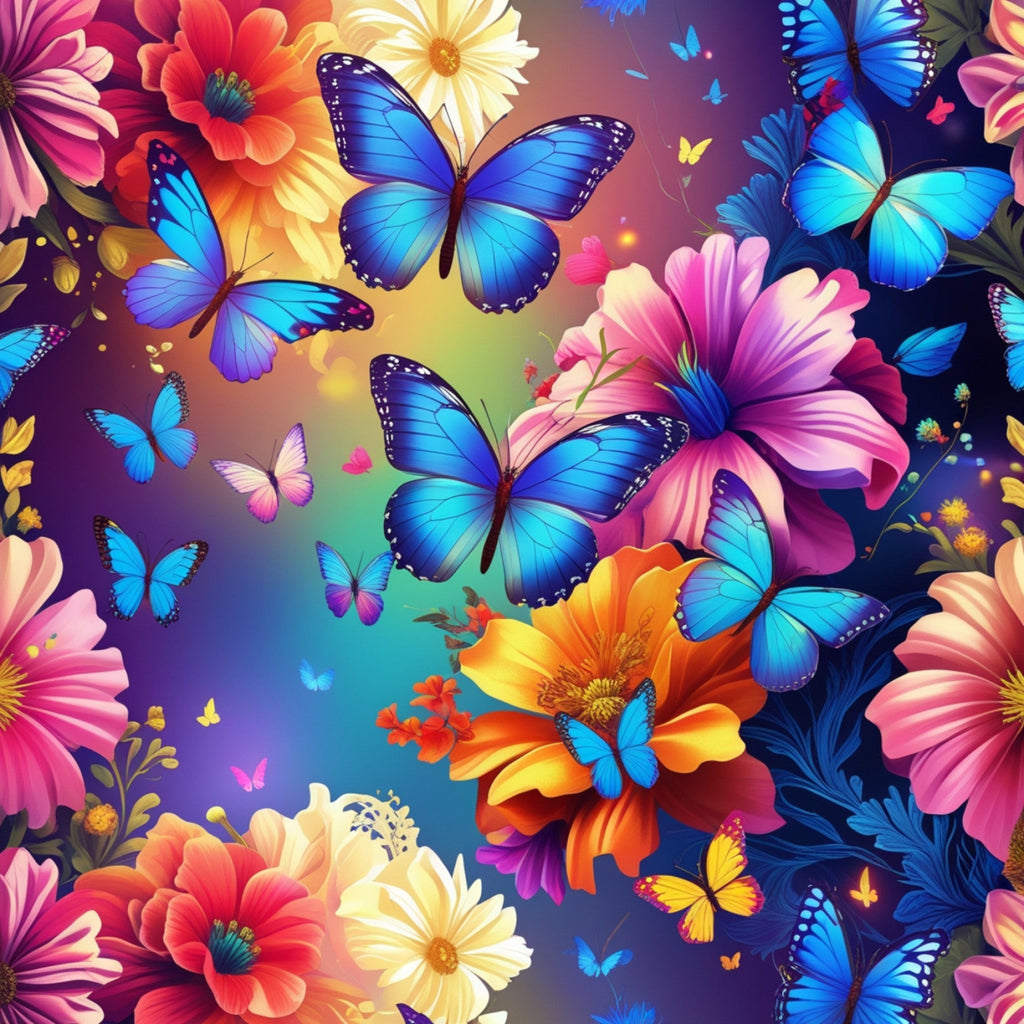 butterflies, floral pattern, blue morpho, vibrant colors, purple gradient, pink flowers, orange blooms, yellow daisies, fantasy art, tropical butterflies,, fabric panel, nature motif, colorful wings, garden scene, bright hues, whimsical design, spring theme, botanical print, cotton fabric