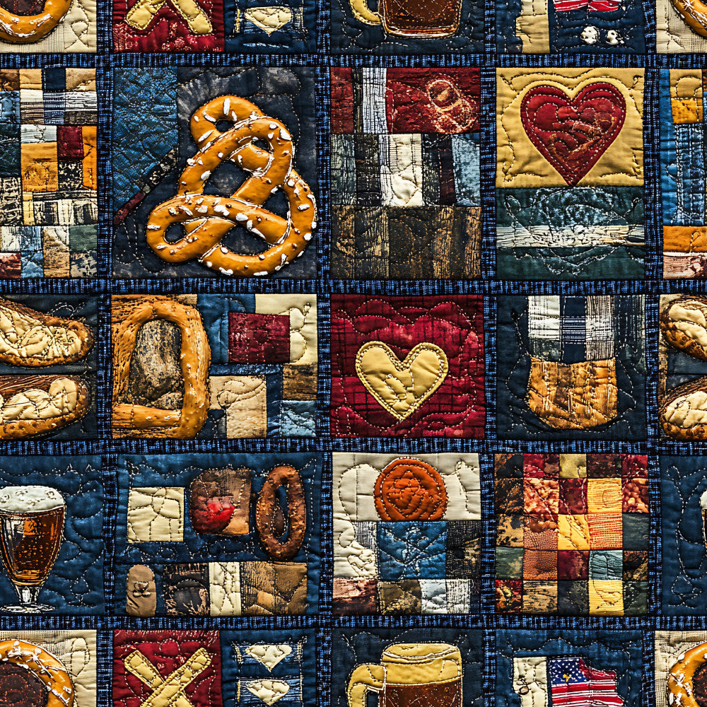 navy blue, cream, burgundy red, golden yellow, rust orange, heart motifs, pretzel print, beer mug, bavarian, german, traditional, rustic, farmhouse, autumn, fall, vintage, classic, quilted, patchwork, food theme, bakery, beer garden, lodge, cabin, cozy, warm tones, americana, patriotic, plaid borders