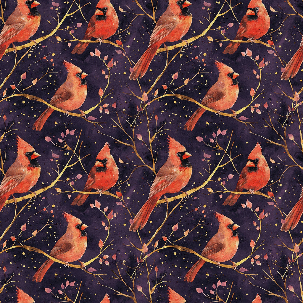 red cardinals, coral pink, purple background, golden branches, birds perched, nature pattern,, fabric panel, botanical elements, leaves motif, seamless repeat, wildlife design, autumn colors, warm tones, peaceful mood, artistic illustration, branch silhouettes, scattered dots, natural theme