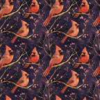 red cardinals, coral pink, purple background, golden branches, birds perched, nature pattern,, fabric panel, botanical elements, leaves motif, seamless repeat, wildlife design, autumn colors, warm tones, peaceful mood, artistic illustration, branch silhouettes, scattered dots, natural theme