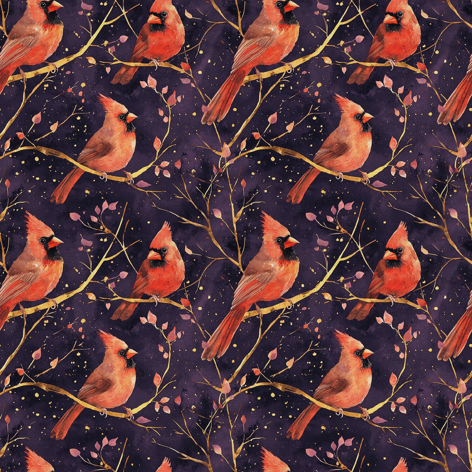 red cardinals, coral pink, purple background, golden branches, birds perched, nature pattern,, fabric panel, botanical elements, leaves motif, seamless repeat, wildlife design, autumn colors, warm tones, peaceful mood, artistic illustration, branch silhouettes, scattered dots, natural theme