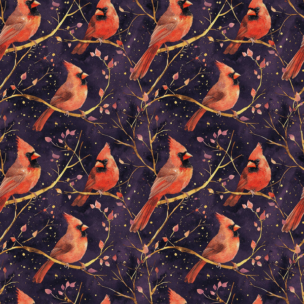 red cardinals, coral pink, purple background, golden branches, birds perched, nature pattern,, fabric panel, botanical elements, leaves motif, seamless repeat, wildlife design, autumn colors, warm tones, peaceful mood, artistic illustration, branch silhouettes, scattered dots, natural theme