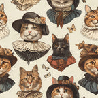 victorian cats, period costumes, ornate clothing, ruffled collars, vintage hats, tabby cats, calico cats, butterflies, cream background, brown tones, sepia colors,, fabric panel, whimsical pattern, dressed animals, historical fashion, decorative bonnets, vintage illustration style, repeating motif
