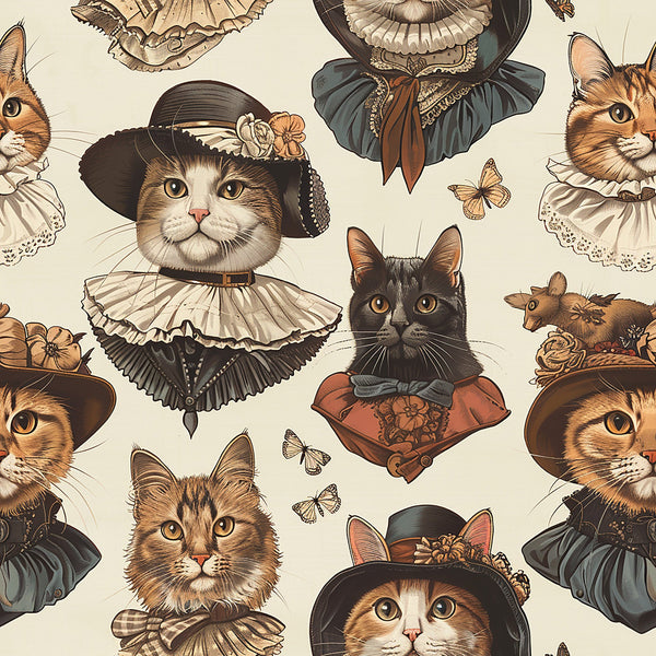 victorian cats, period costumes, ornate clothing, ruffled collars, vintage hats, tabby cats, calico cats, butterflies, cream background, brown tones, sepia colors,, fabric panel, whimsical pattern, dressed animals, historical fashion, decorative bonnets, vintage illustration style, repeating motif