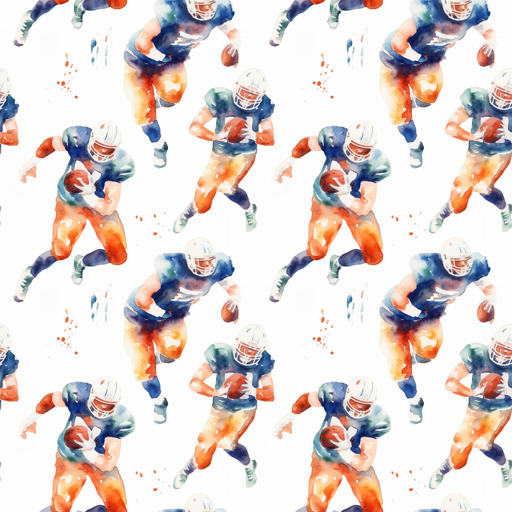 watercolor football, orange gradient, navy blue, teal accents, athletic players, sports pattern, running figures, football helmets, cotton fabric, quilting panel, repeating motif, energetic movement, team colors, masculine design, sports theme, fluid brushstrokes, dynamic poses, game day, athletic wear inspired, seamless repeat