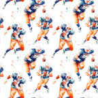 watercolor football, orange gradient, navy blue, teal accents, athletic players, sports pattern, running figures, football helmets, cotton fabric, quilting panel, repeating motif, energetic movement, team colors, masculine design, sports theme, fluid brushstrokes, dynamic poses, game day, athletic wear inspired, seamless repeat