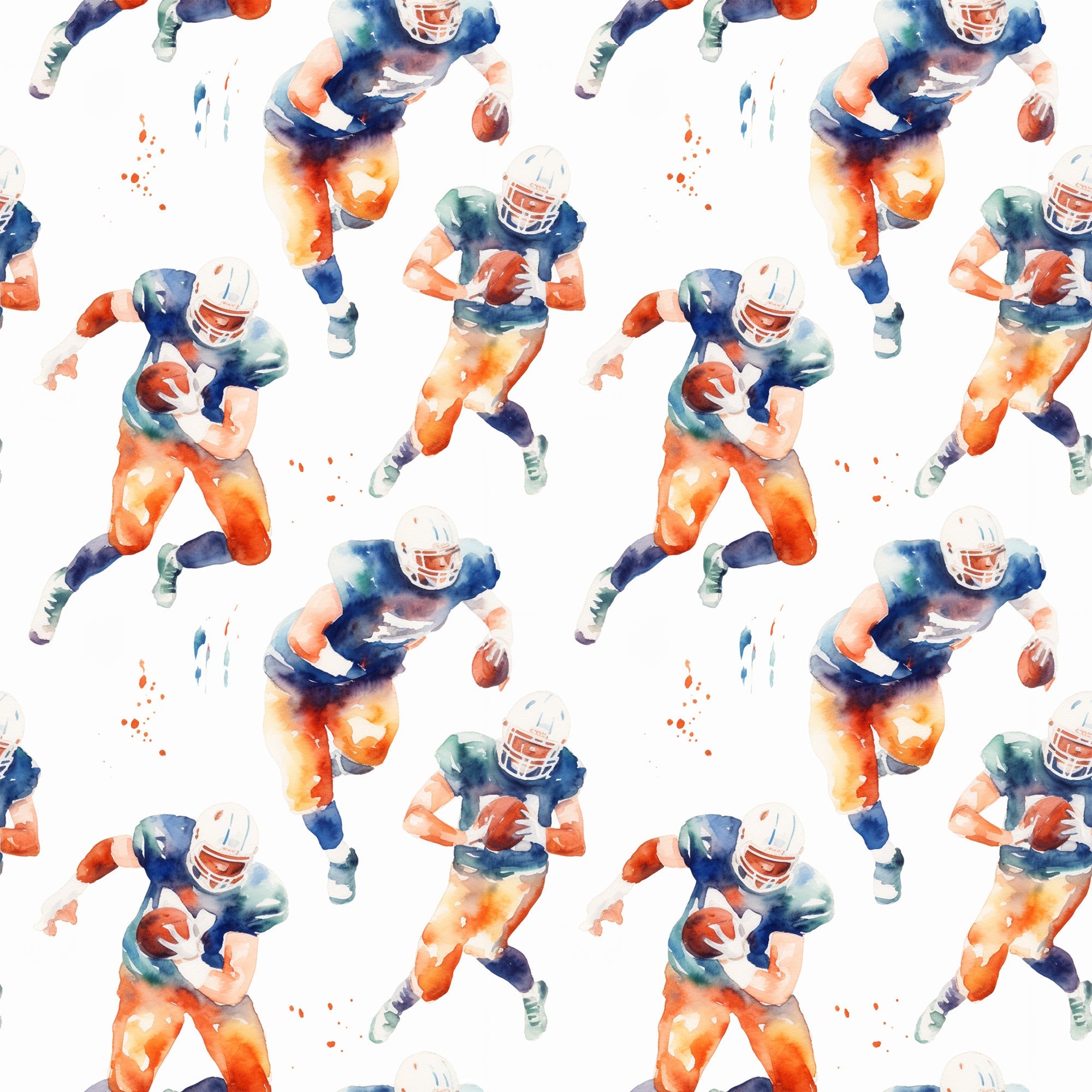 watercolor football, orange gradient, navy blue, teal accents, athletic players, sports pattern, running figures, football helmets, cotton fabric, quilting panel, repeating motif, energetic movement, team colors, masculine design, sports theme, fluid brushstrokes, dynamic poses, game day, athletic wear inspired, seamless repeat