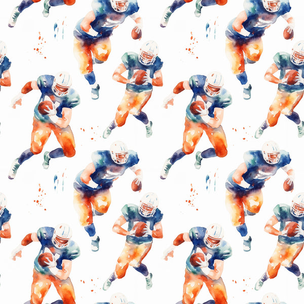 watercolor football, orange gradient, navy blue, teal accents, athletic players, sports pattern, running figures, football helmets, cotton fabric, quilting panel, repeating motif, energetic movement, team colors, masculine design, sports theme, fluid brushstrokes, dynamic poses, game day, athletic wear inspired, seamless repeat
