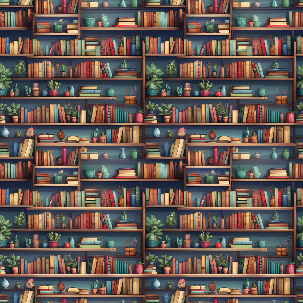 bookshelf pattern,, fabric panel, library scene, books, potted plants, decorative objects, warm browns, deep blues, sage green, terracotta orange, cozy atmosphere, reading theme, literary motif, home library, book spines, plant pots, shelving units, intellectual theme, studious mood