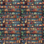 bookshelf pattern,, fabric panel, library scene, books, potted plants, decorative objects, warm browns, deep blues, sage green, terracotta orange, cozy atmosphere, reading theme, literary motif, home library, book spines, plant pots, shelving units, intellectual theme, studious mood