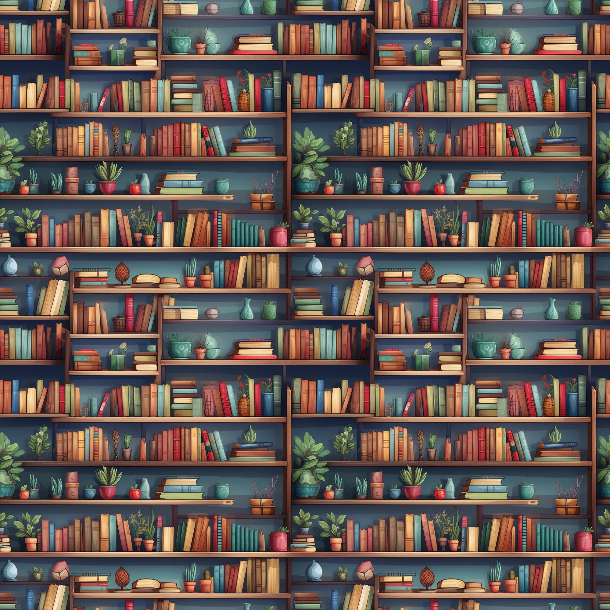bookshelf pattern,, fabric panel, library scene, books, potted plants, decorative objects, warm browns, deep blues, sage green, terracotta orange, cozy atmosphere, reading theme, literary motif, home library, book spines, plant pots, shelving units, intellectual theme, studious mood