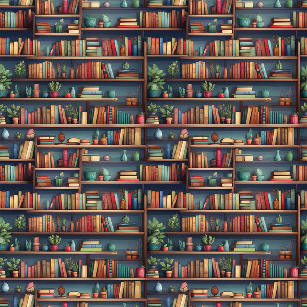 bookshelf pattern,, fabric panel, library scene, books, potted plants, decorative objects, warm browns, deep blues, sage green, terracotta orange, cozy atmosphere, reading theme, literary motif, home library, book spines, plant pots, shelving units, intellectual theme, studious mood