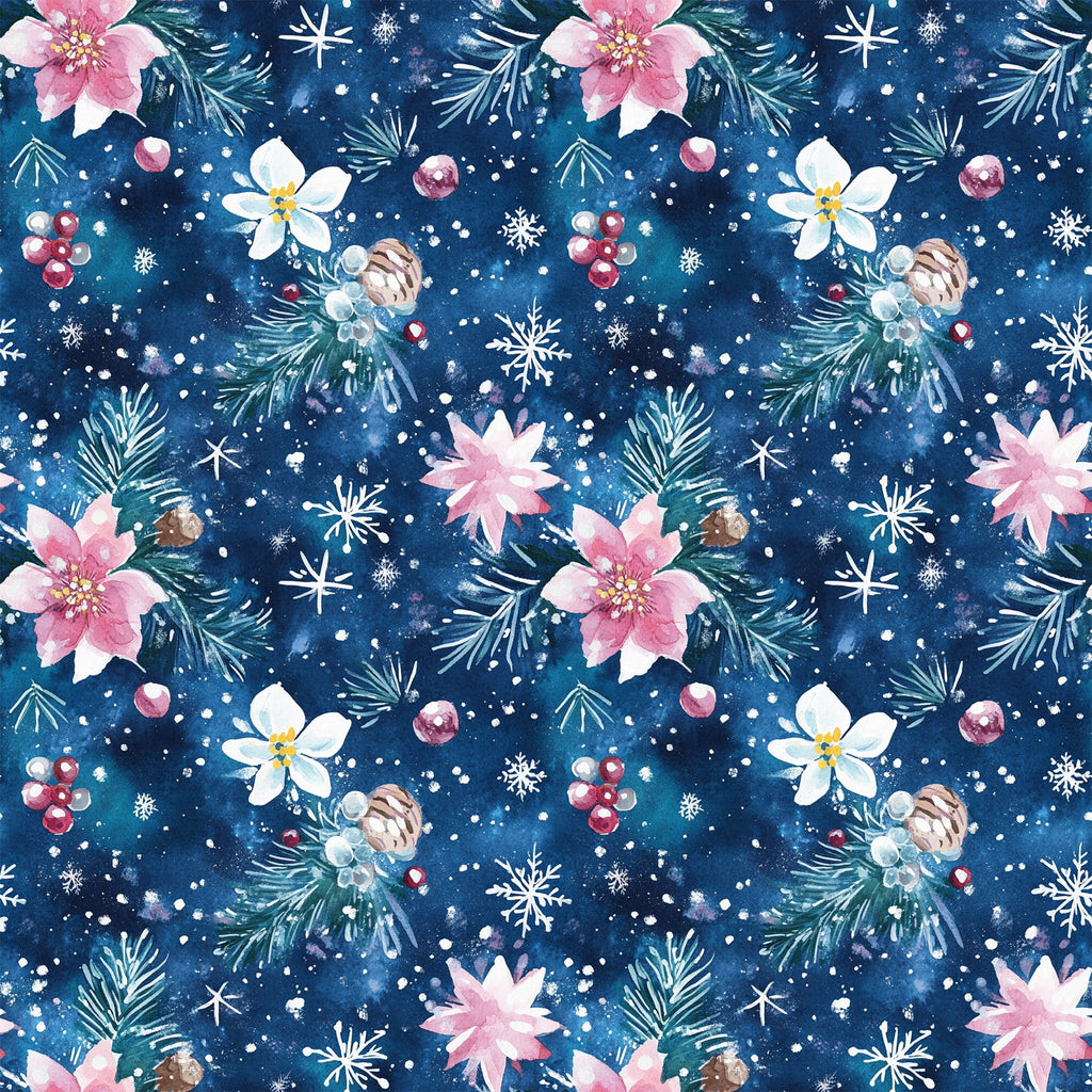 watercolor, blue background, christmas pattern,, fabric panel, snowflakes, pine branches, pink flowers, white flowers, berries, pinecones, winter florals, festive design, holiday motifs, navy blue, soft pink, botanical elements, repeating pattern, seasonal fabric, crafting material