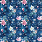 watercolor, blue background, christmas pattern,, fabric panel, snowflakes, pine branches, pink flowers, white flowers, berries, pinecones, winter florals, festive design, holiday motifs, navy blue, soft pink, botanical elements, repeating pattern, seasonal fabric, crafting material