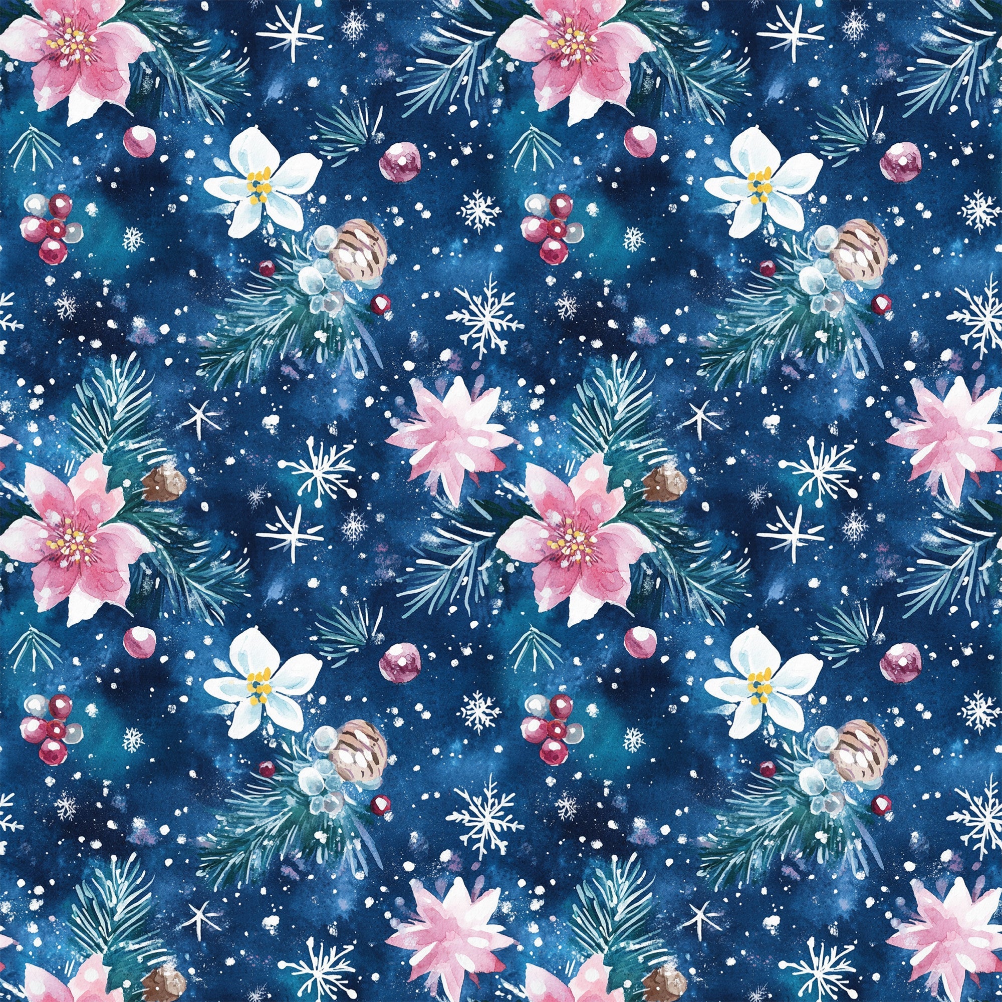 watercolor, blue background, christmas pattern,, fabric panel, snowflakes, pine branches, pink flowers, white flowers, berries, pinecones, winter florals, festive design, holiday motifs, navy blue, soft pink, botanical elements, repeating pattern, seasonal fabric, crafting material