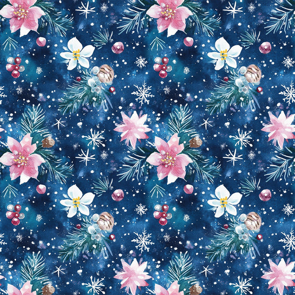 watercolor, blue background, christmas pattern,, fabric panel, snowflakes, pine branches, pink flowers, white flowers, berries, pinecones, winter florals, festive design, holiday motifs, navy blue, soft pink, botanical elements, repeating pattern, seasonal fabric, crafting material