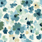 cornflower blue, watercolor flowers, abstract florals, blue tones, sage green, cream background, soft pastels, botanical pattern,, fabric panel, dreamy aesthetic, painted blooms, scattered flowers, muted colors, artistic style, floral motifs, textile design, cotton fabric, nature inspired, gentle pattern