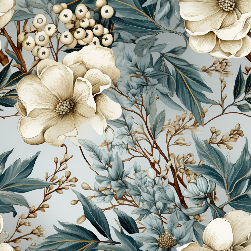 cream floral, sage green, dusty blue, botanical, wildflowers, vintage botanical, nature inspired, elegant, timeless, transitional, berries, foliage, delicate flowers, natural elements, garden theme, spring, summer, traditional, ornamental, cream and green, muted tones, botanical print, flowering branches, decorative leaves, feminine, sophisticated, classic floral, heirloom style, nursery, home decor